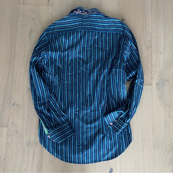 Robert Graham X Mens Shirt Large Blue Green Stripe Contrasting Cuffs Modern - Picture 5 of 8